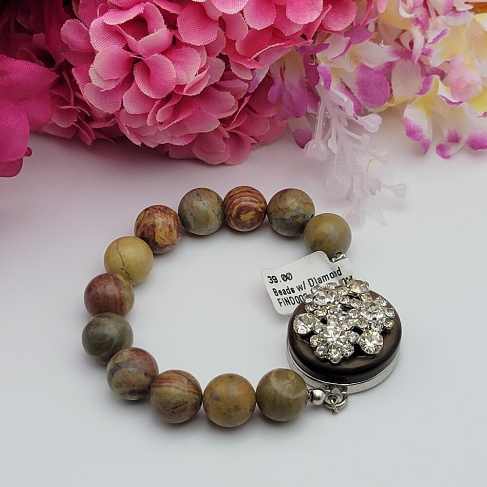 Stretch Multicolor Jasper Beaded Bracelet 8.5" with CZ & Diamond Accent Charm